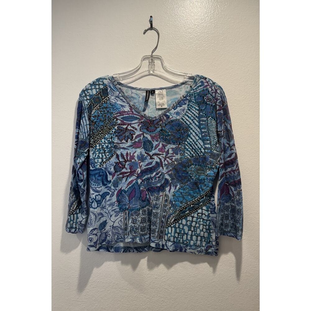Forbidden Size Small 3/4 Sleeve V Neck Beaded Blue Purple Top Tee‎ Floral Y2K
